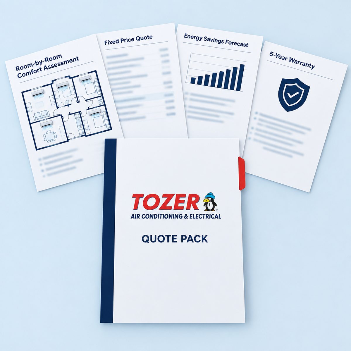 The Tozer Air Quote Pack: a folder with a room-by-room assessment, fixed price quote, energy savings forecast and 5-year warranty sheet